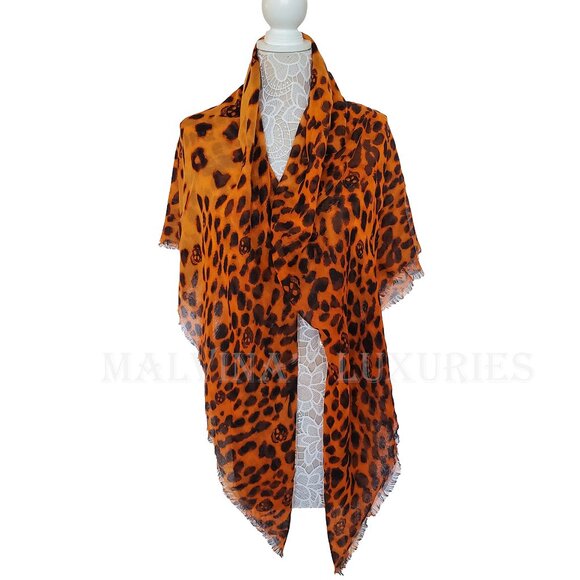 ALEXANDER MCQUEEN SCARF ORANGE CASHMERE SILK SKULL ANIMAL PRINT 50" SQUARE - Picture 3 of 14